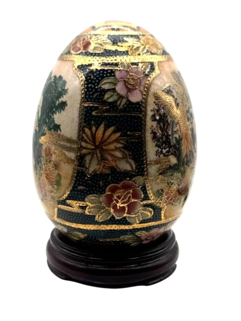 Vintage Satsuma Hand Painted Porcelain Egg Peacock & Floral Gilded 5